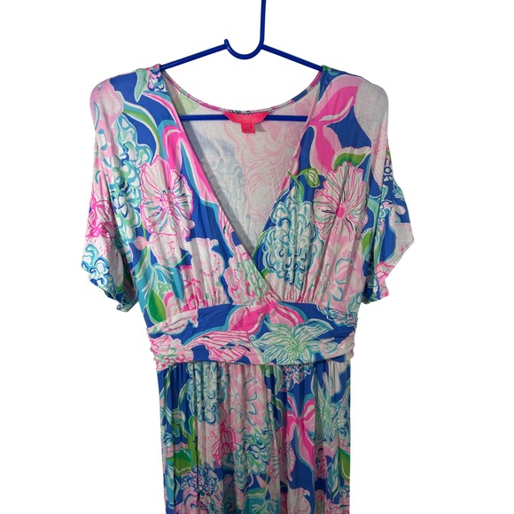Lilly Pulitzer Maxi Dress Floral Print Blue Pink V Neck Sleeve Resort Size L - Picture 4 of 6